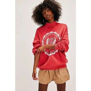 Free People Diana Sweatshirt Top Graphic Printed Oversized Slouchy Red L 284044